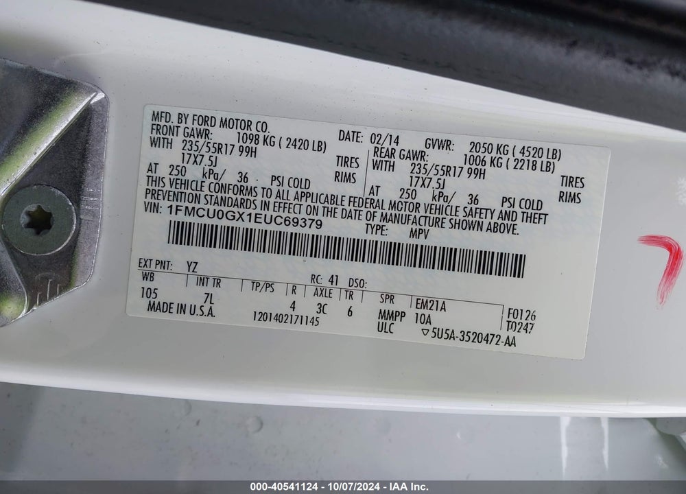 2014 FORD ESCAPE SE VIN: 1FMCU0GX1EUC69379