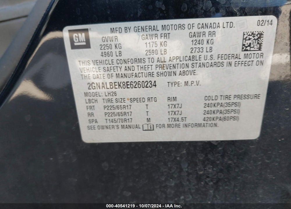 2014 CHEVROLET EQUINOX 1LT VIN: 2GNALBEK8E6260234