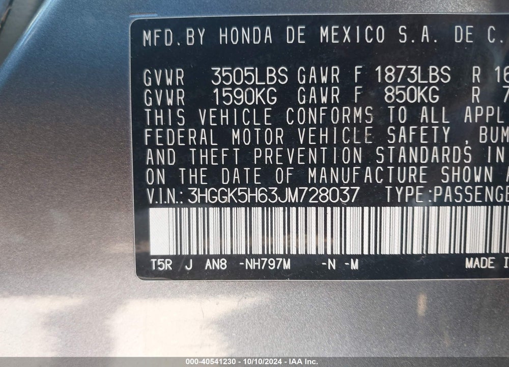 2018 HONDA FIT SPORT VIN: 3HGGK5H63JM728037