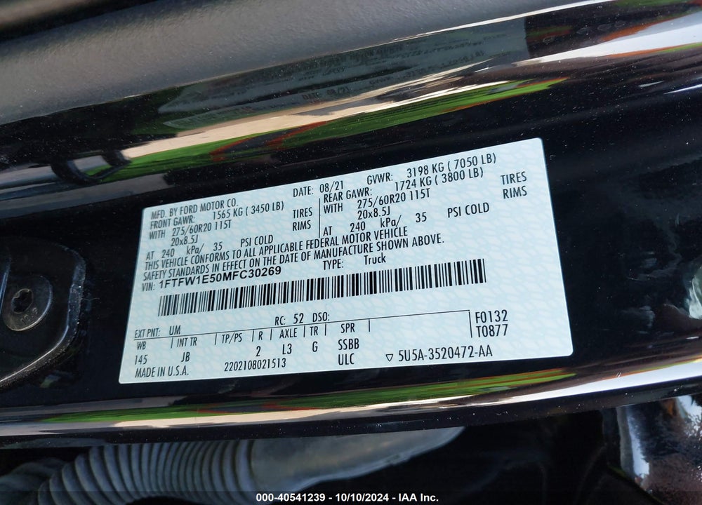 2021 FORD F-150 XL VIN: 1FTFW1E50MFC30269
