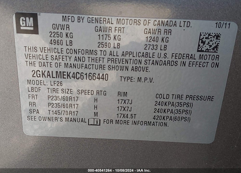 2012 GMC TERRAIN SLE-1 VIN: 2GKALMEK4C6166440
