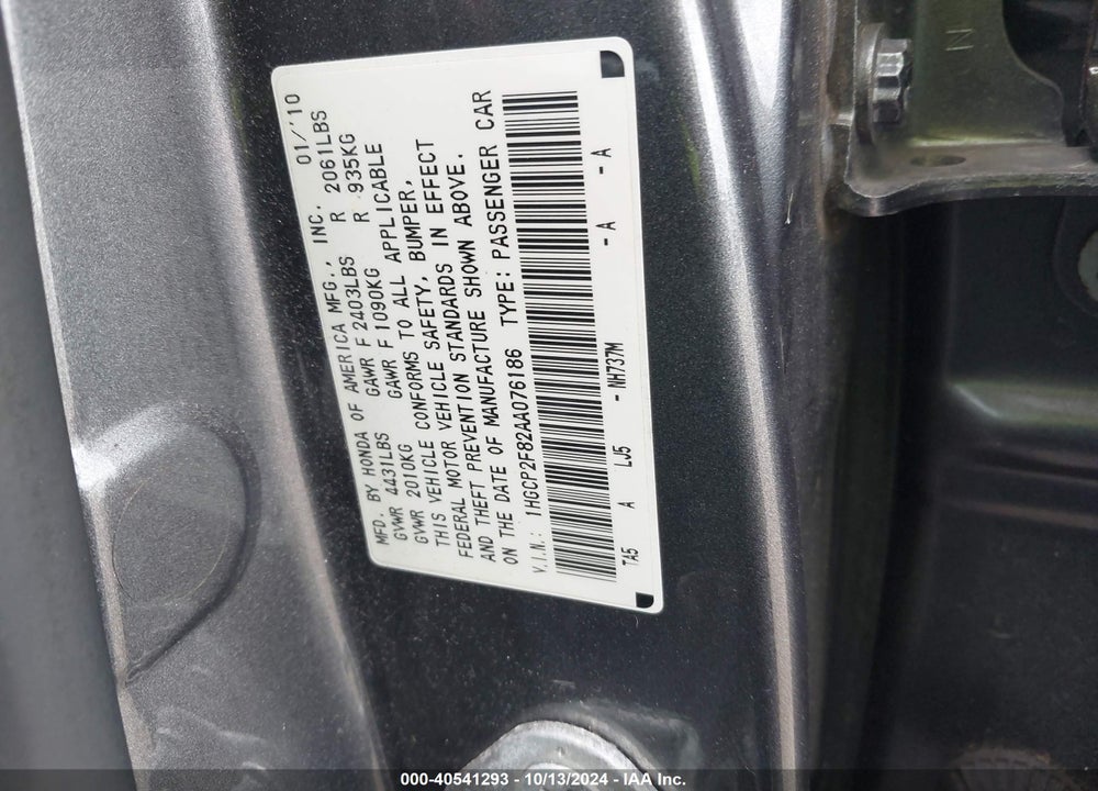 2010 HONDA ACCORD 2.4 EX-L VIN: 1HGCP2F82AA076186