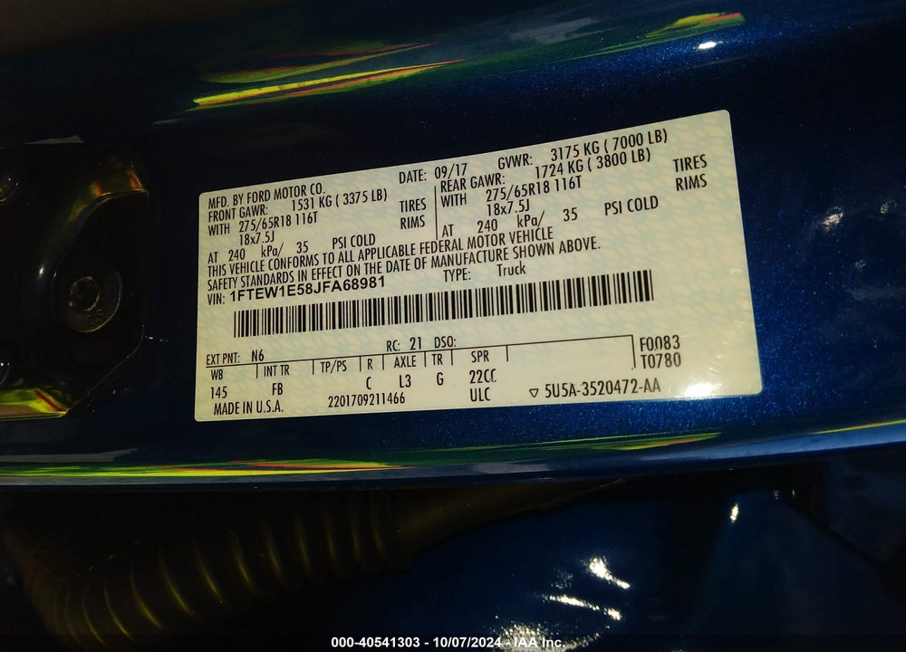 2018 FORD F-150 XLT VIN: 1FTEW1E58JFA68981