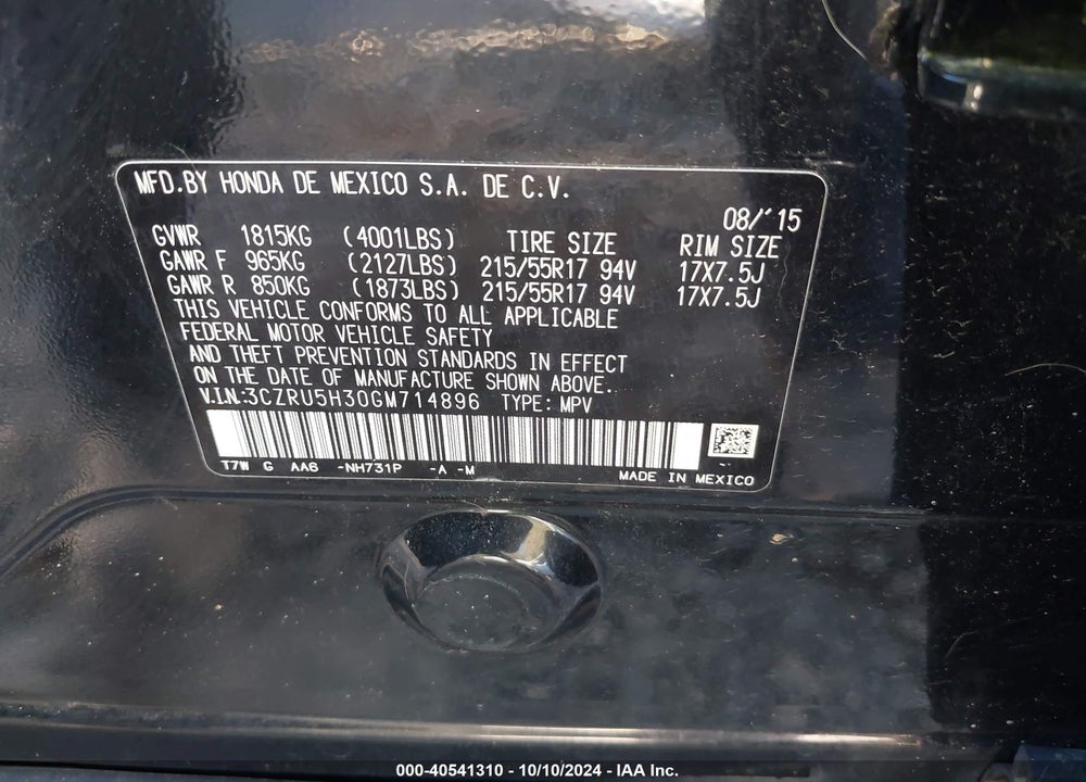 2016 HONDA HR-V LX VIN: 3CZRU5H30GM714896