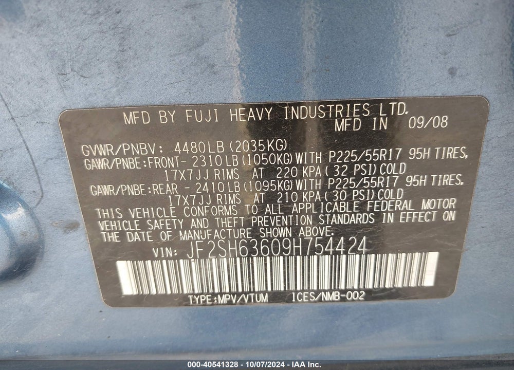 2009 SUBARU FORESTER 2.5X VIN: JF2SH63609H754424