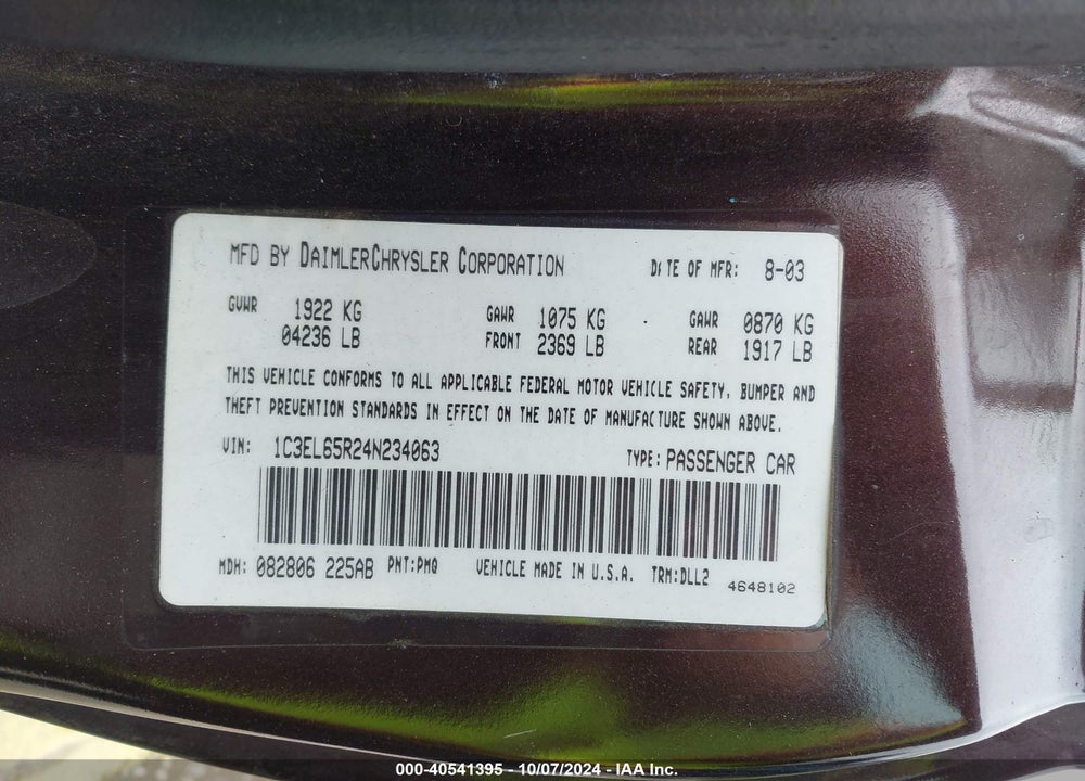 2004 CHRYSLER SEBRING LIMITED VIN: 1C3EL65R24N234063