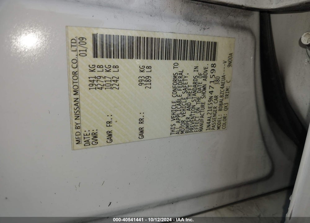 2009 NISSAN ALTIMA 2.5 S VIN: 1N4AL21E59N471598