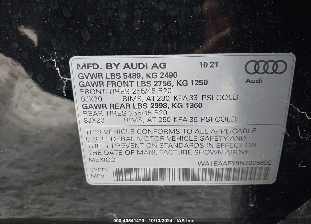 2022 AUDI Q5 PREMIUM PLUS 45 TFSI S LINE QUATTRO S TRONIC VIN: WA1EAAFY8N2025692