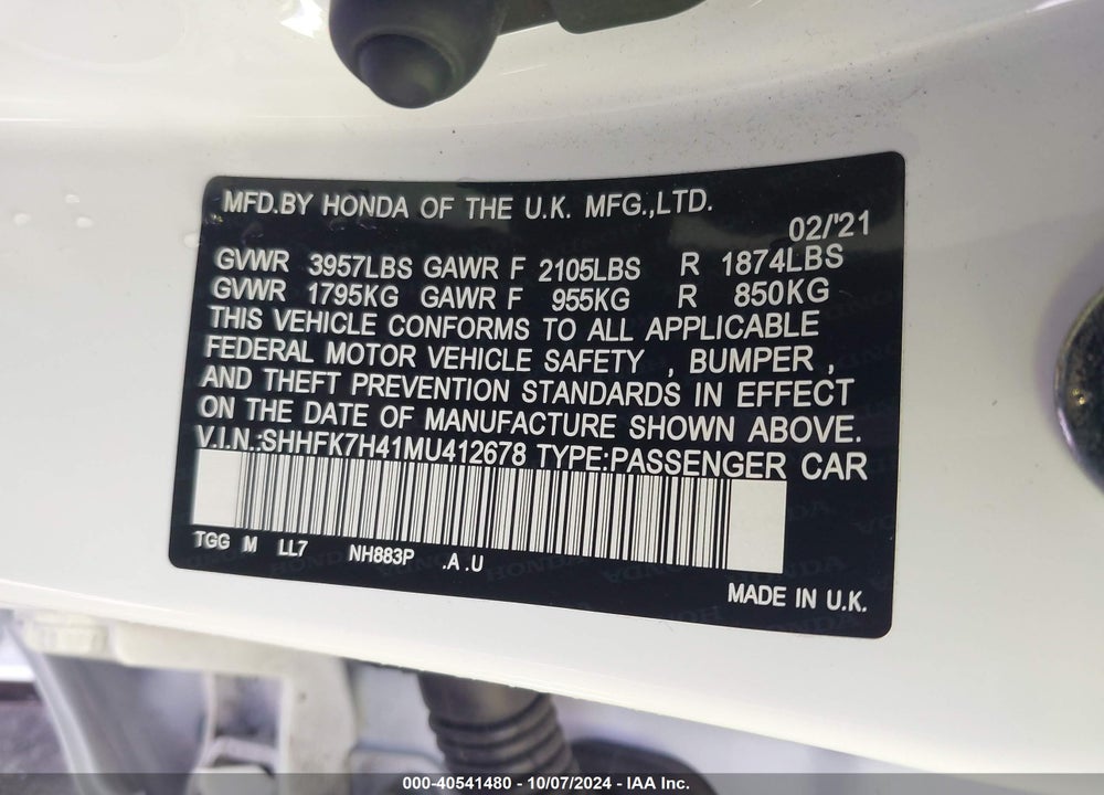 2021 HONDA CIVIC SPORT VIN: SHHFK7H41MU412678