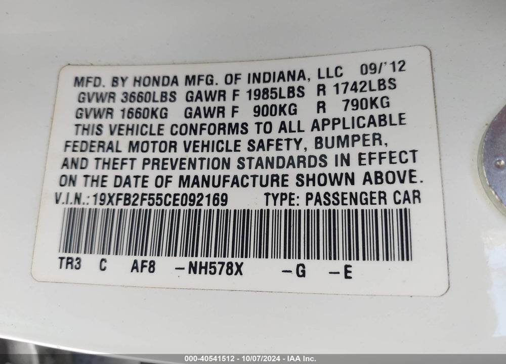 2012 HONDA CIVIC LX VIN: 19XFB2F55CE092169