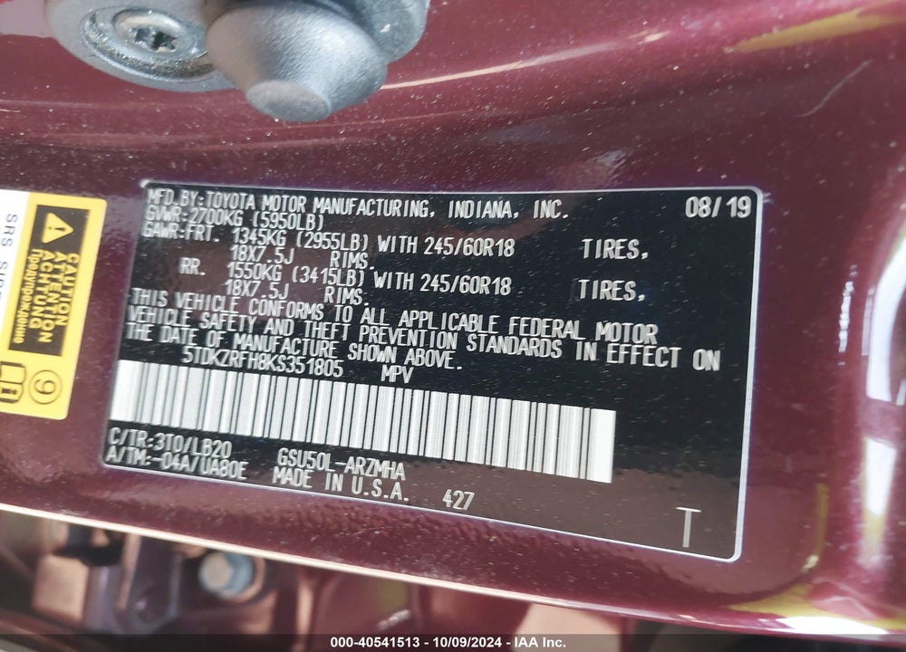 2019 TOYOTA HIGHLANDER XLE VIN: 5TDKZRFH8KS351805
