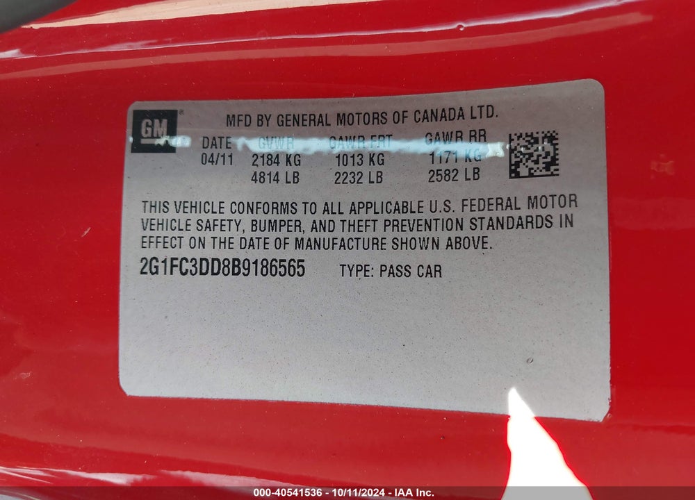 2011 CHEVROLET CAMARO 2LT VIN: 2G1FC3DD8B9186565
