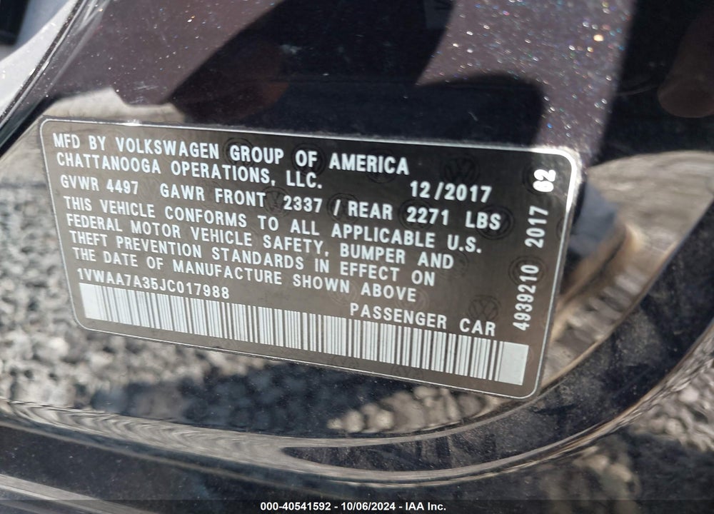 2018 VOLKSWAGEN PASSAT 2.0T R-LINE/2.0T S VIN: 1VWAA7A35JC017988