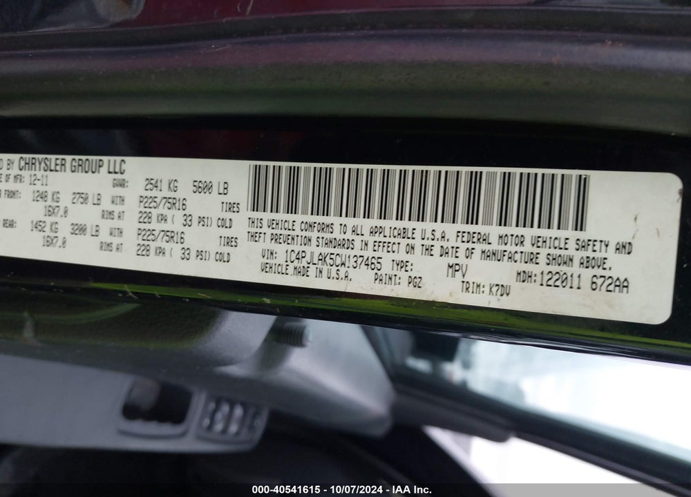 2012 JEEP LIBERTY SPORT VIN: 1C4PJLAK5CW137465