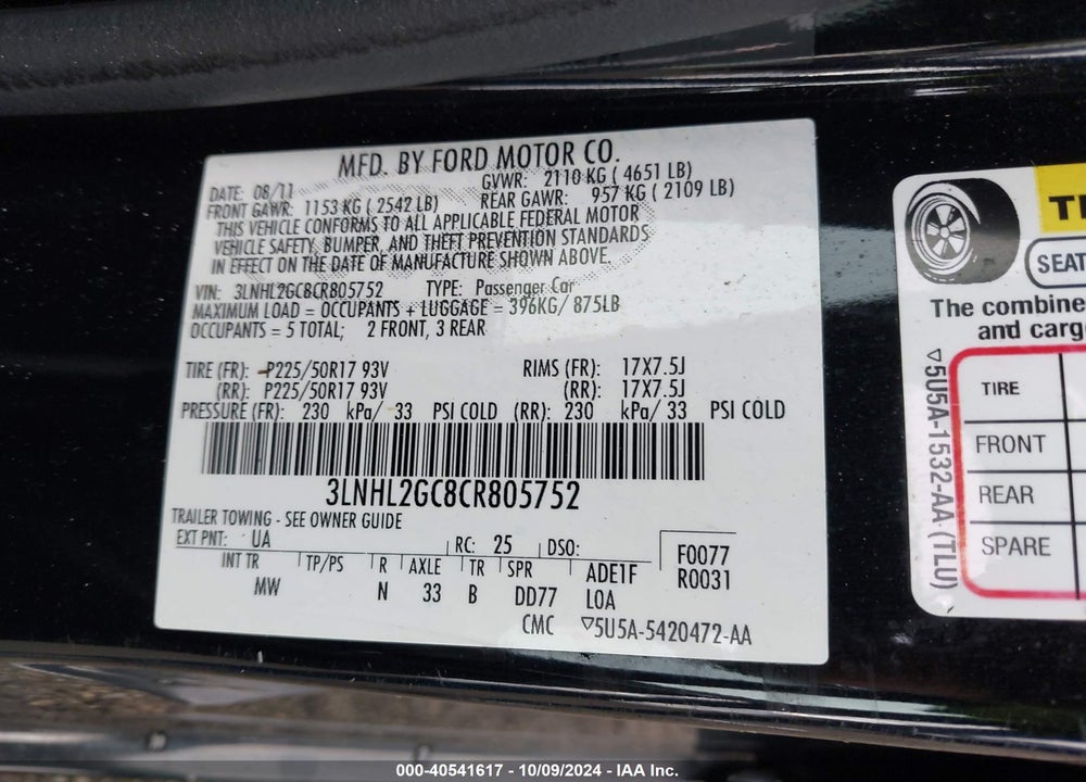 2012 LINCOLN MKZ VIN: 3LNHL2GC8CR805752