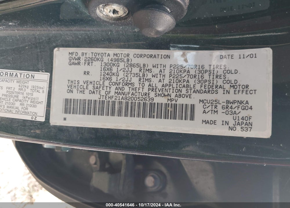 2002 TOYOTA HIGHLANDER V6 VIN: JTEHF21A820052639