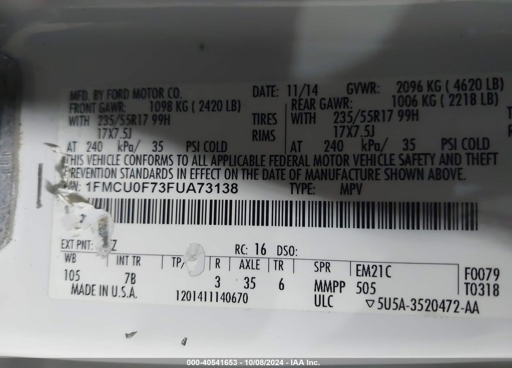 2015 FORD ESCAPE S VIN: 1FMCU0F73FUA73138