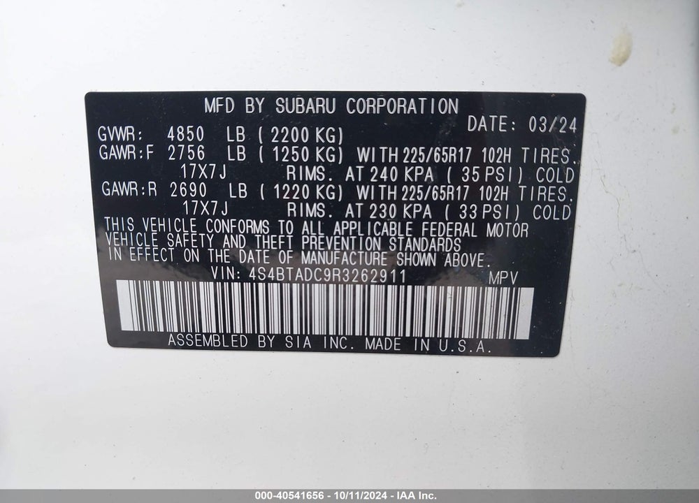 2024 SUBARU OUTBACK PREMIUM VIN: 4S4BTADC9R3262911