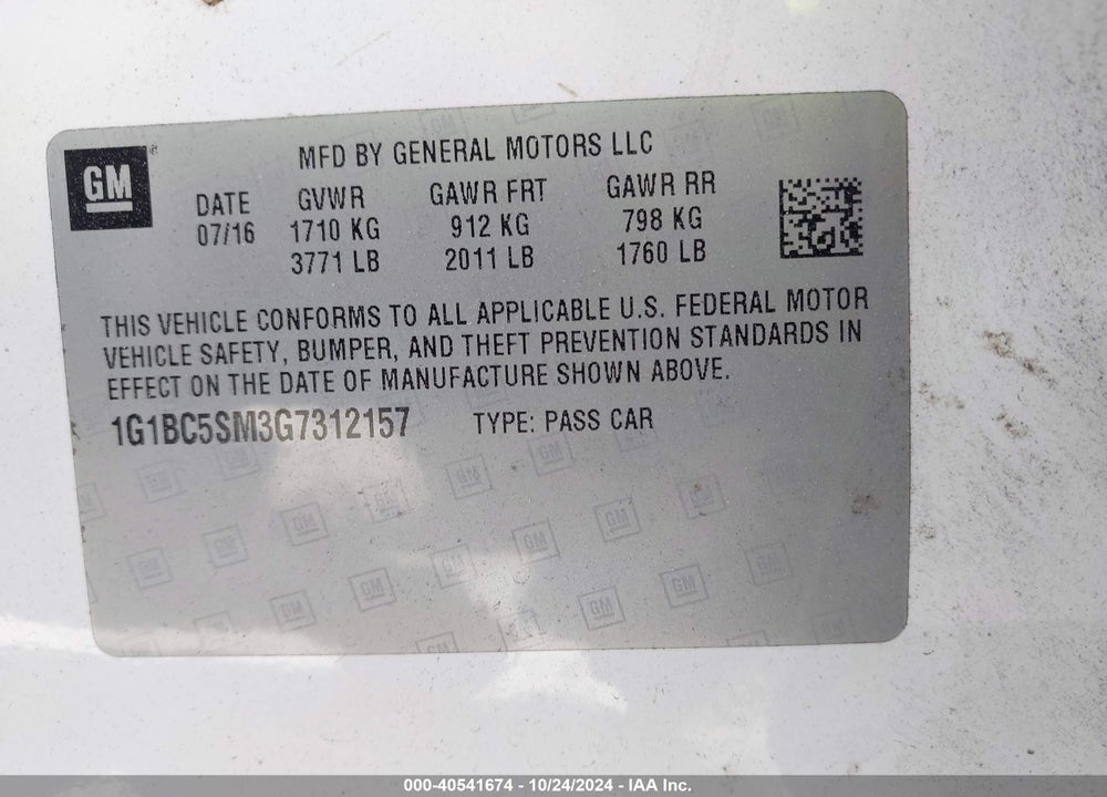 2016 CHEVROLET CRUZE LS AUTO VIN: 1G1BC5SM3G7312157