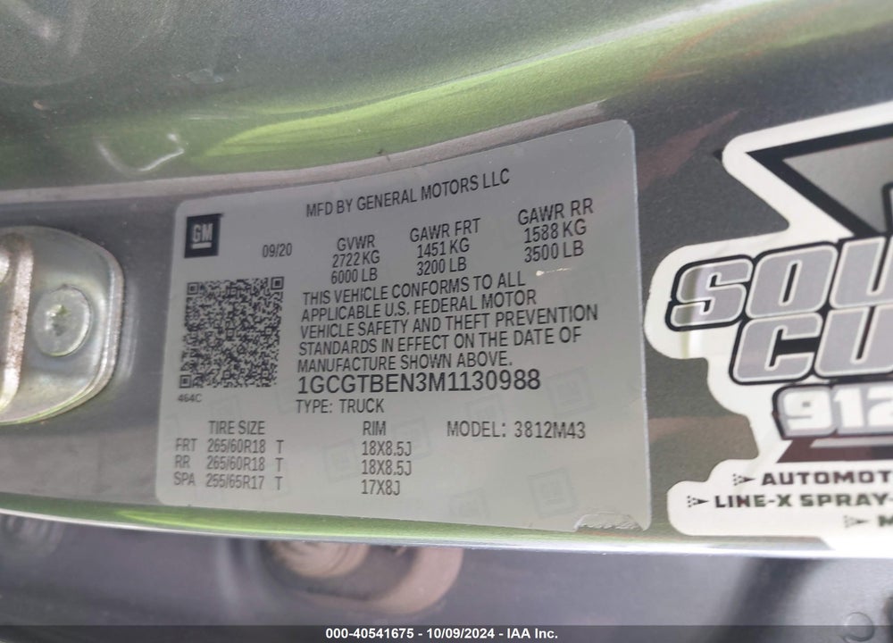 2021 CHEVROLET COLORADO 4WD SHORT BOX WT VIN: 1GCGTBEN3M1130988