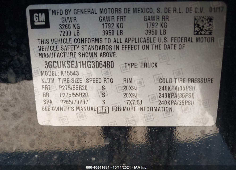2017 CHEVROLET SILVERADO 1500 VIN: 3GCUKSEJ1HG306480