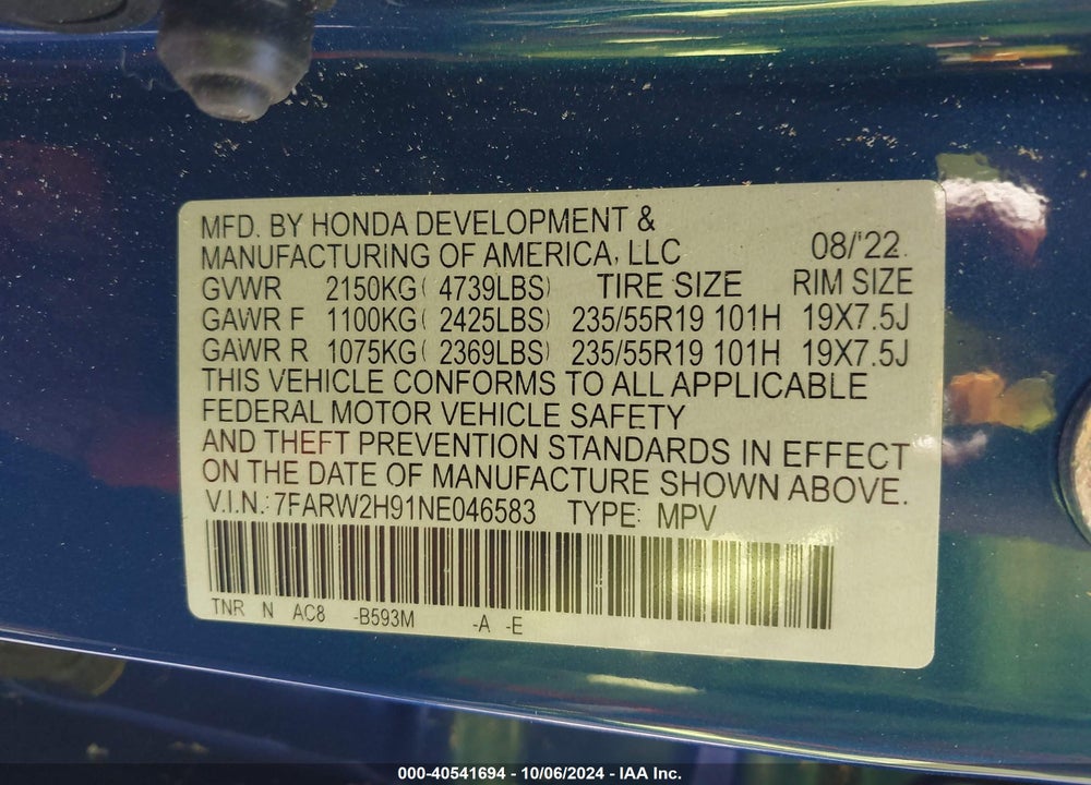 2022 HONDA CR-V AWD TOURING VIN: 7FARW2H91NE046583