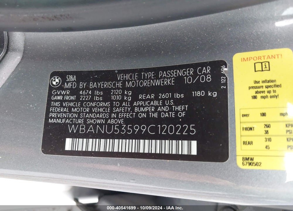 2009 BMW 528I VIN: WBANU53599C120225