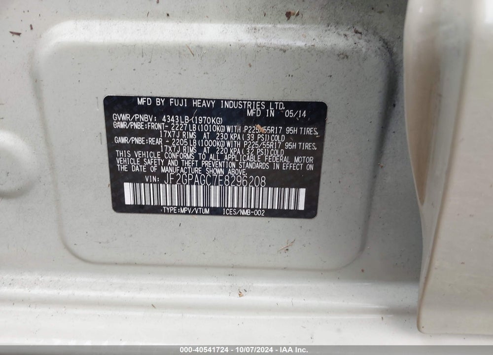 2014 SUBARU XV CROSSTREK 2.0I LIMITED VIN: JF2GPAGC7E8296208