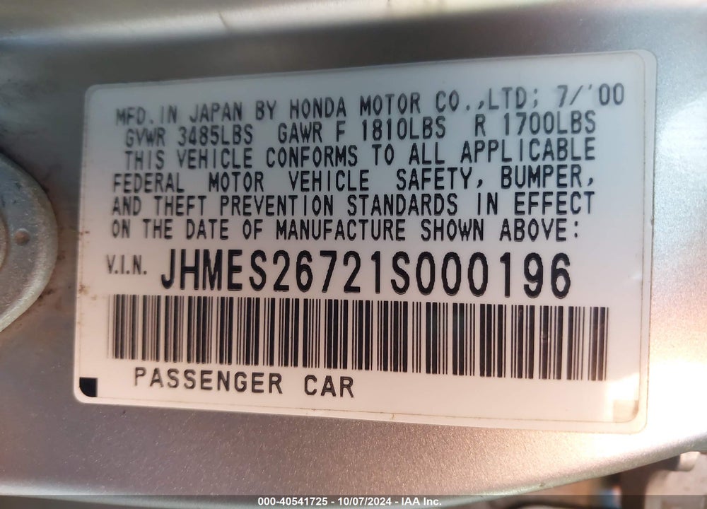 2001 HONDA CIVIC EX VIN: JHMES26721S000196