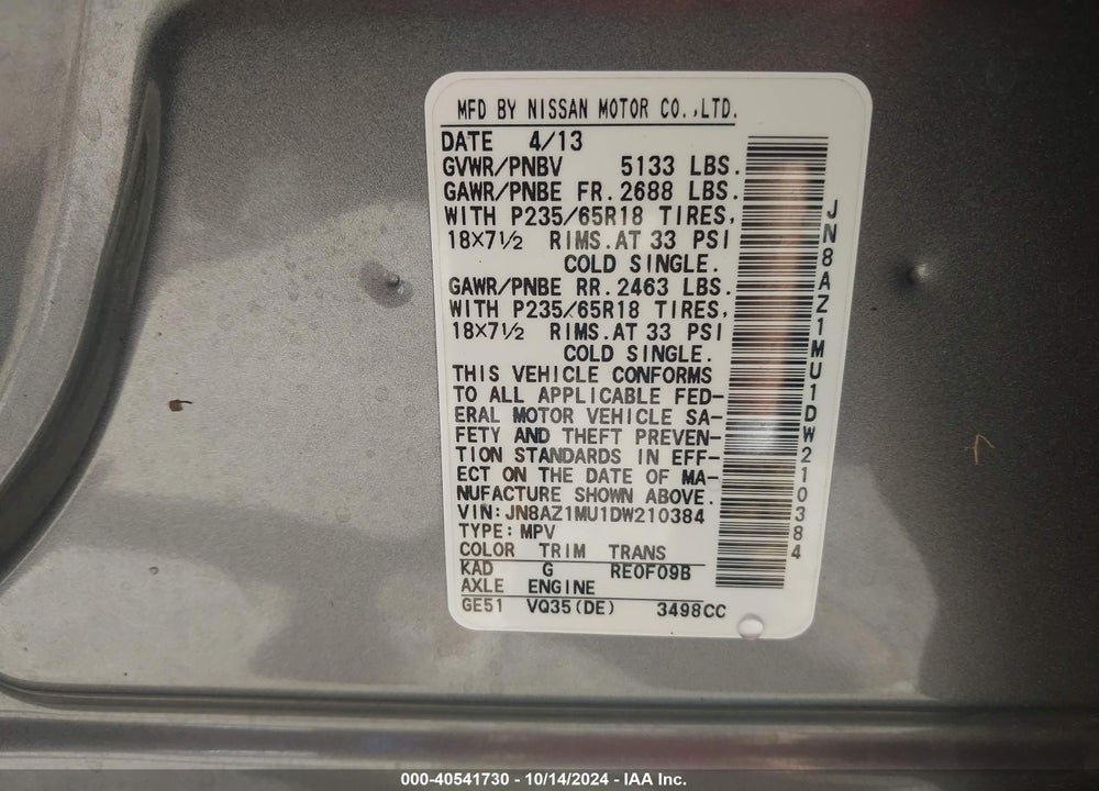 2013 NISSAN MURANO VIN: JN8AZ1MU1DW210384