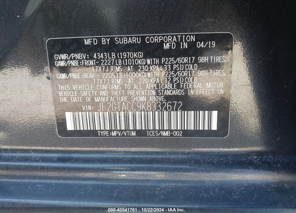 2019 SUBARU CROSSTREK 2.0I PREMIUM VIN: JF2GTACC9K8332672