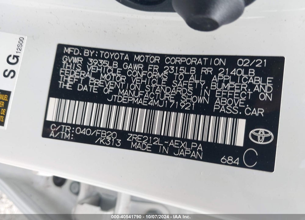 2021 TOYOTA COROLLA LE VIN: JTDEPMAE4MJ171921