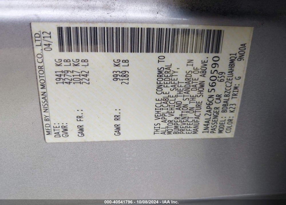 2012 NISSAN ALTIMA 2.5 S VIN: 1N4AL2AP6CN560590