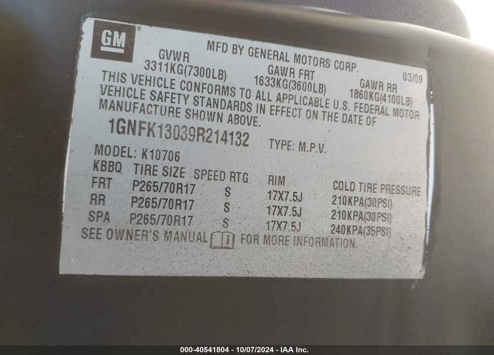 2009 CHEVROLET TAHOE COMMERCIAL FLEET VIN: 1GNFK13039R214132