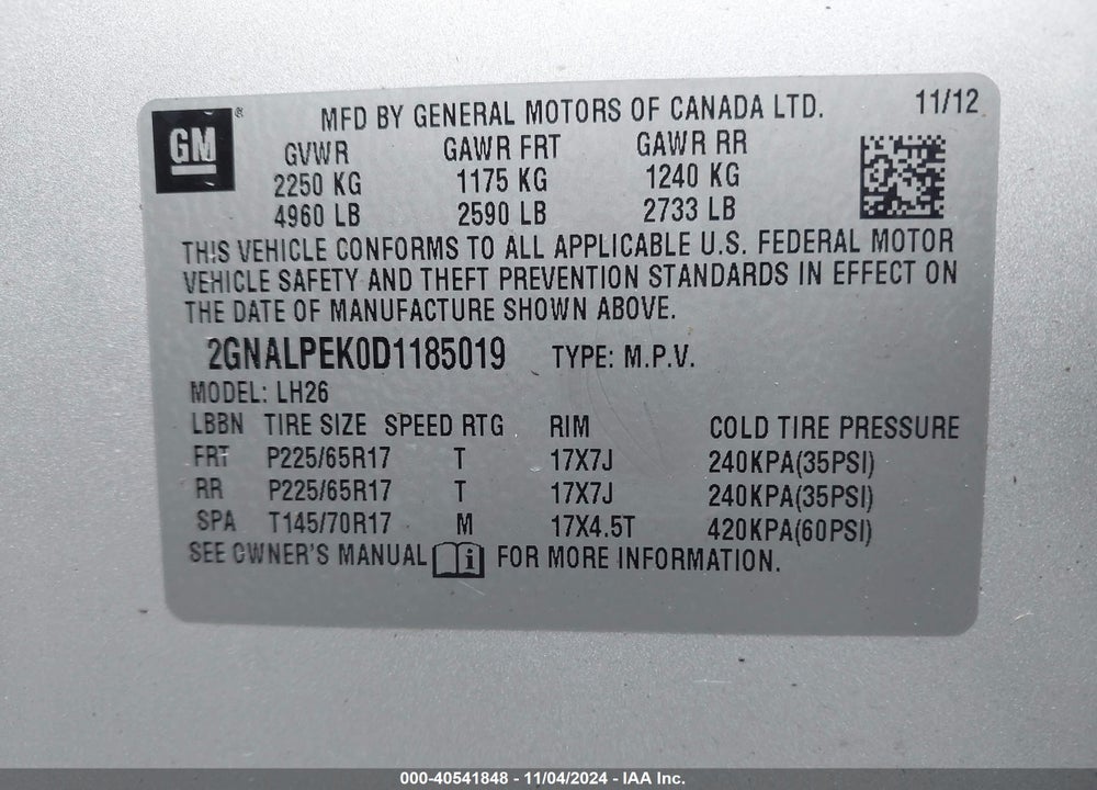 2013 CHEVROLET EQUINOX 2LT VIN: 2GNALPEK0D1185019