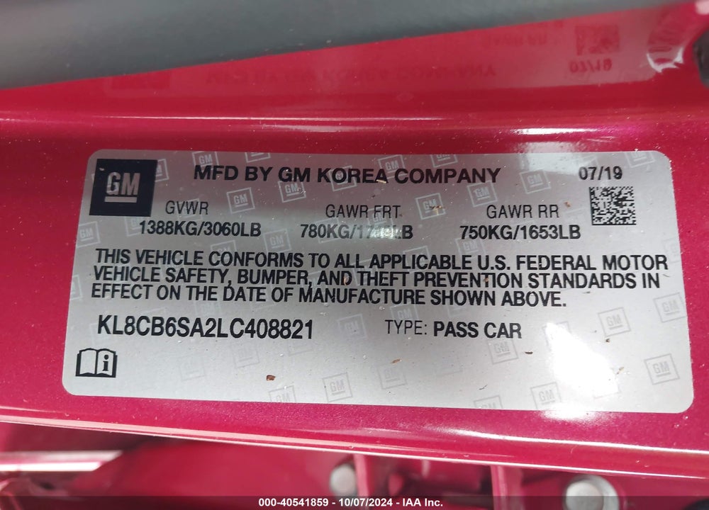 2020 CHEVROLET SPARK FWD LS AUTOMATIC VIN: KL8CB6SA2LC408821