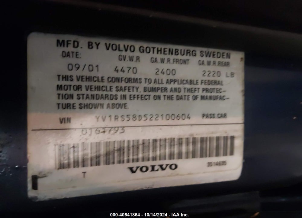2002 VOLVO S60 VIN: YV1RS58D522100604
