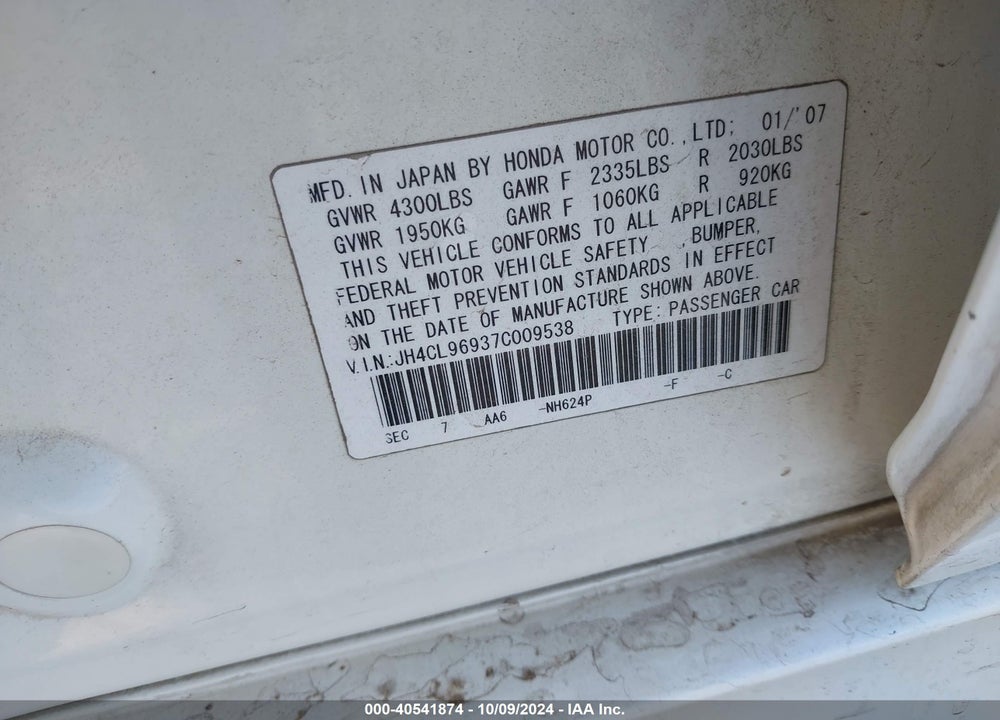 2007 ACURA TSX VIN: JH4CL96937C009538