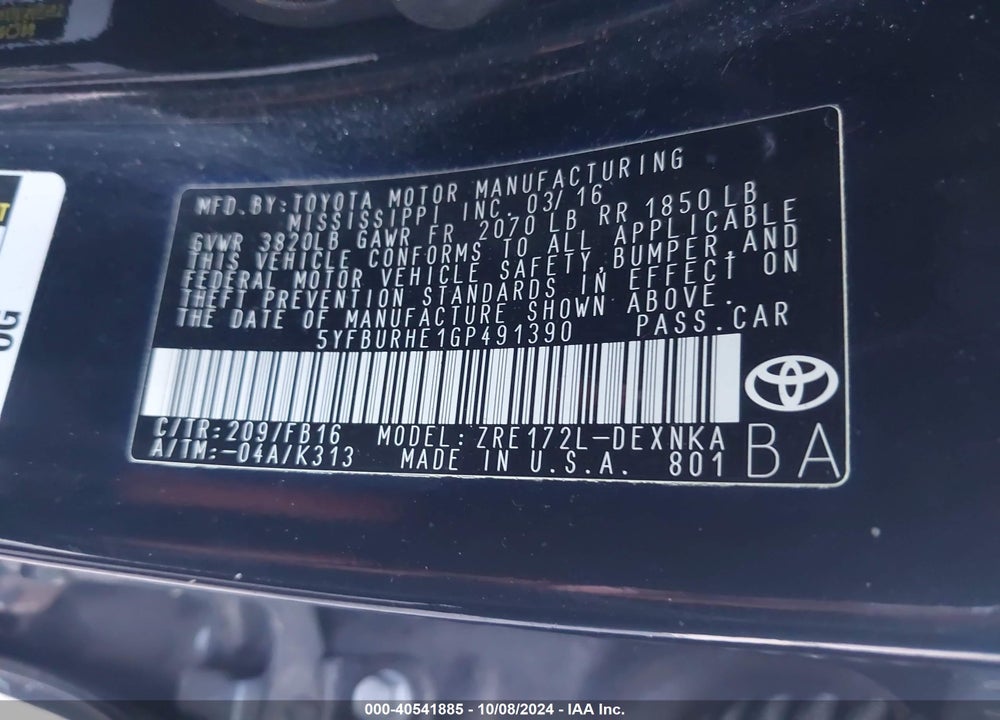 2016 TOYOTA COROLLA LE VIN: 5YFBURHE1GP491390