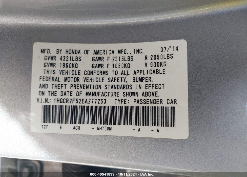 2014 HONDA ACCORD SPORT VIN: 1HGCR2F52EA277253
