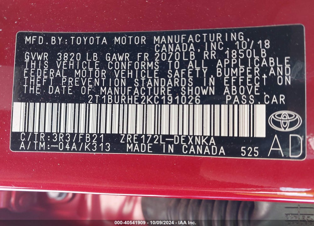 2019 TOYOTA COROLLA LE VIN: 2T1BURHE2KC191026