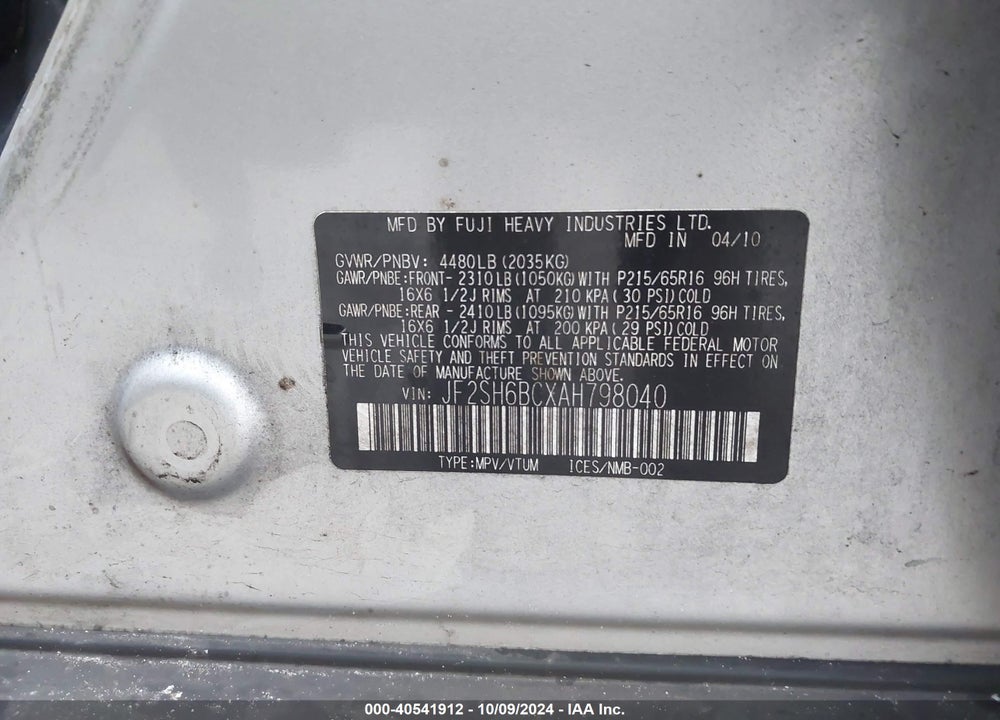 2010 SUBARU FORESTER 2.5X VIN: JF2SH6BCXAH798040