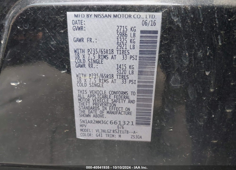 2016 NISSAN PATHFINDER SL VIN: 5N1AR2MM3GC661321
