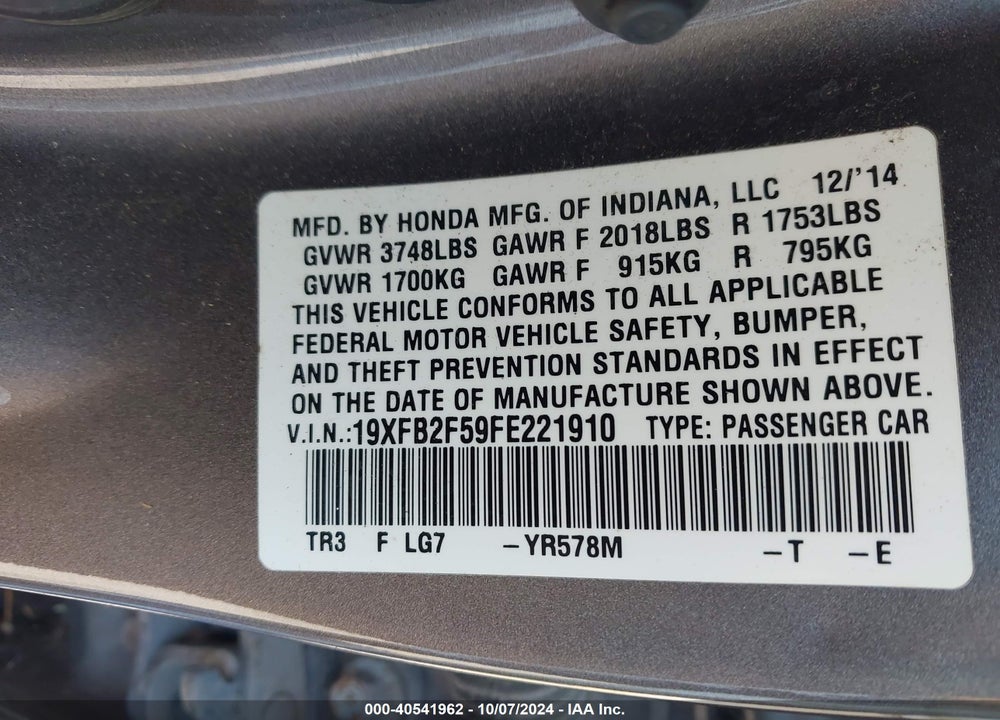 2015 HONDA CIVIC LX VIN: 19XFB2F59FE221910