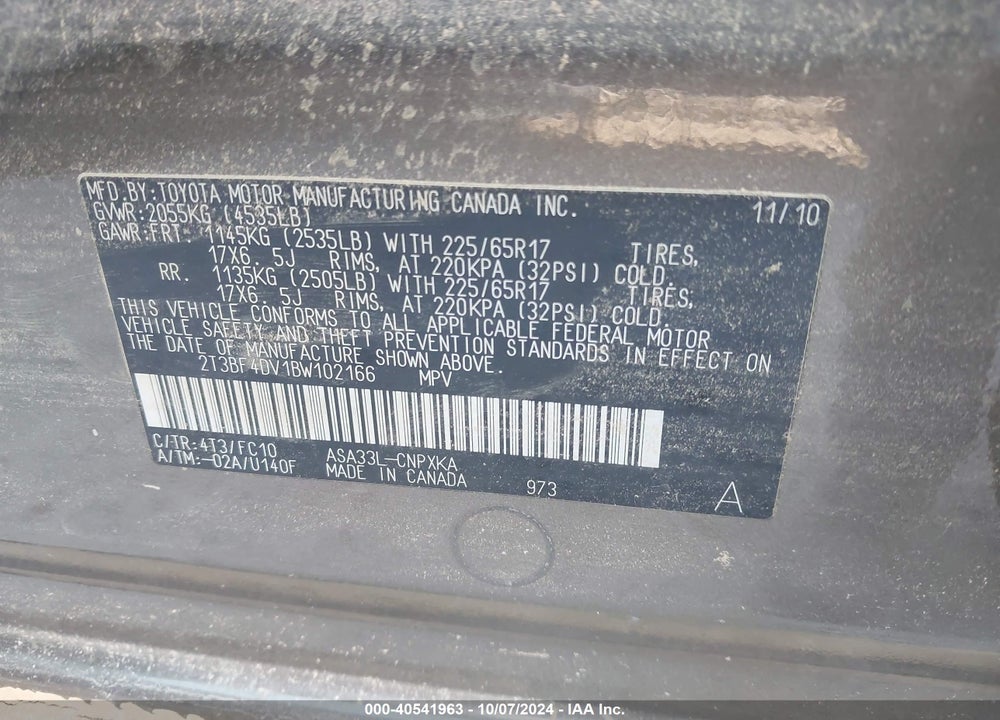 2011 TOYOTA RAV4 VIN: 2T3BF4DV1BW102166