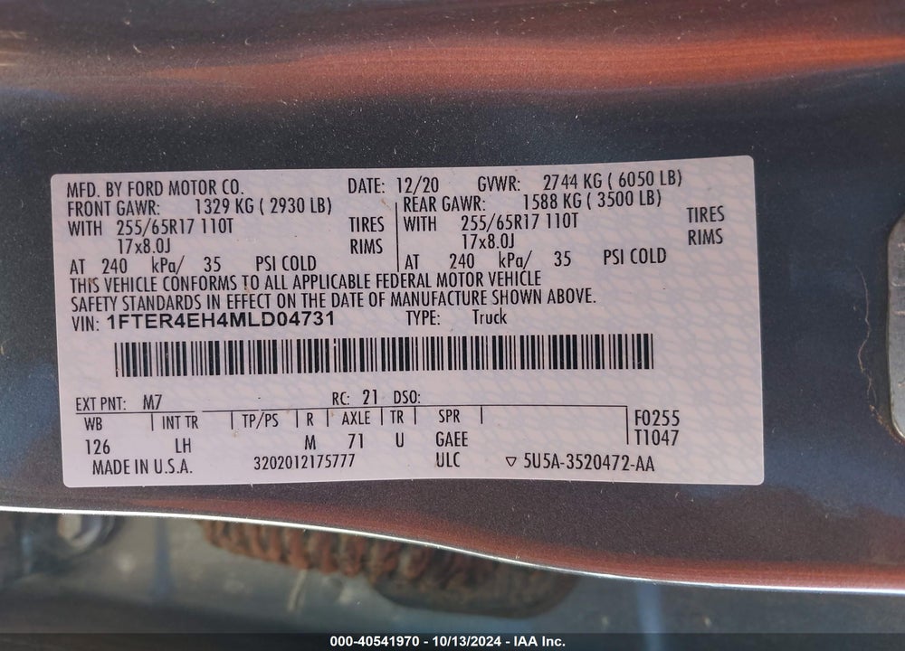 2021 FORD RANGER XLT VIN: 1FTER4EH4MLD04731