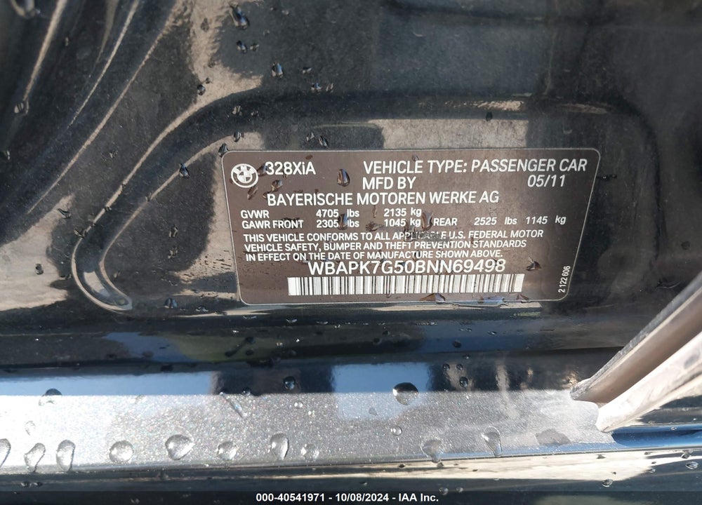 2011 BMW 328I XDRIVE VIN: WBAPK7G50BNN69498