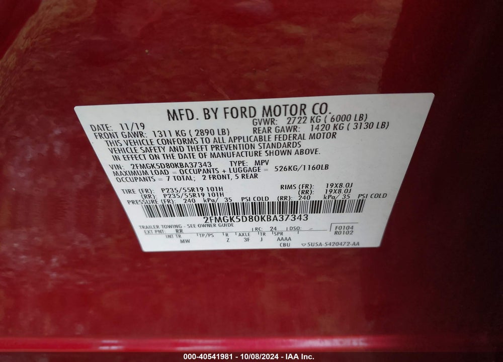 2019 FORD FLEX LIMITED VIN: 2FMGK5D80KBA37343