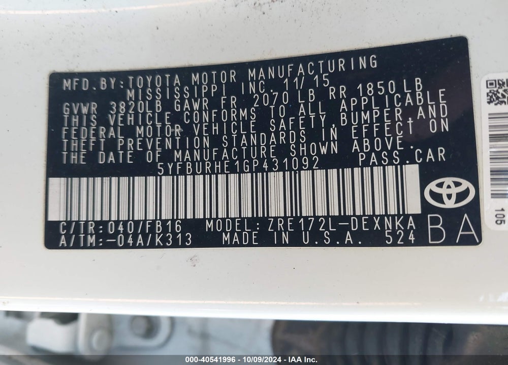 2016 TOYOTA COROLLA LE VIN: 5YFBURHE1GP431092