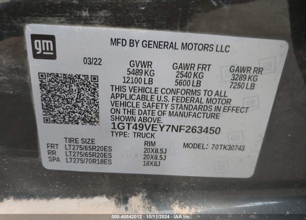 2022 GMC SIERRA 3500HD 4WD  STANDARD BED AT4 VIN: 1GT49VEY7NF263450